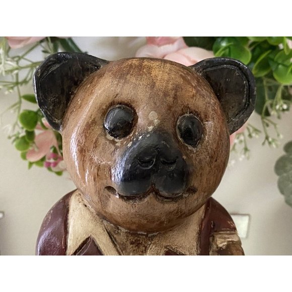 Vintage Wooden Bear Statue Large 10" Soccer Teddy Bear Kids Room Decor Figurine - Picture 3 of 16